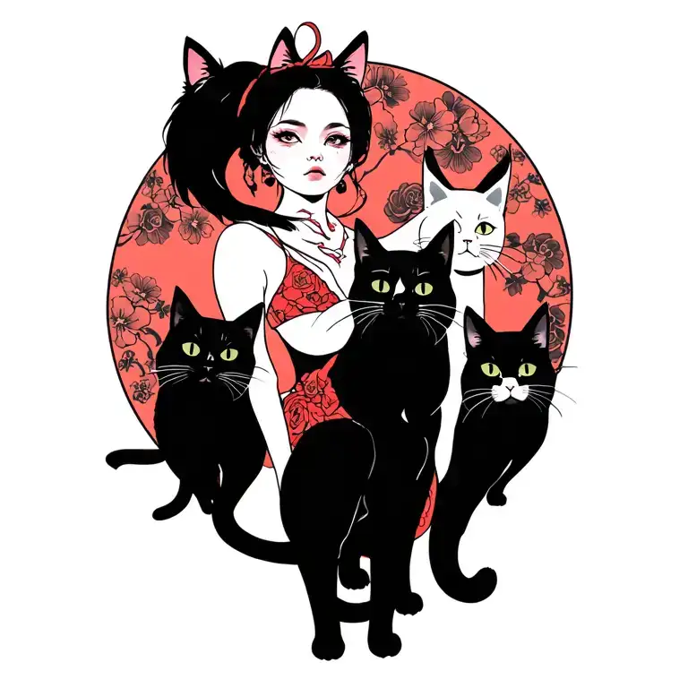 Woman Punk With Gang Of Cats