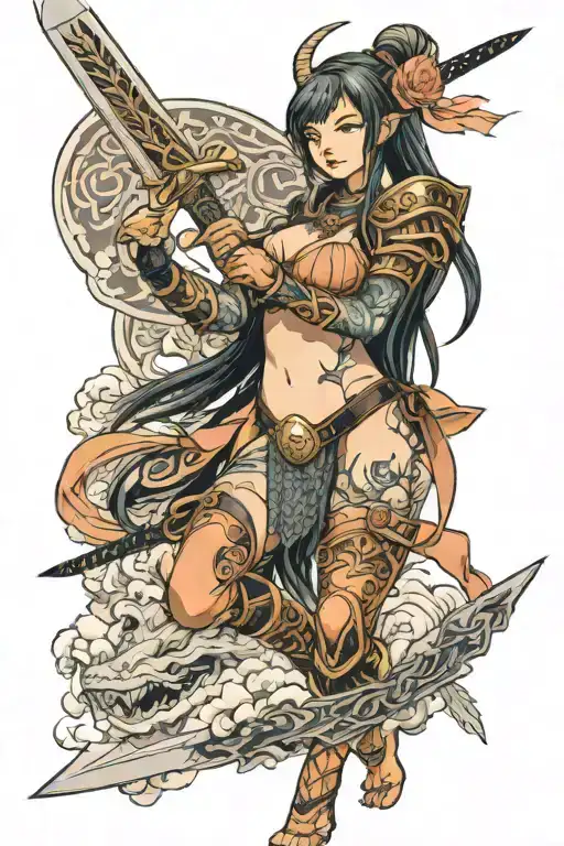 Valkyrie In Peach Colored Bikini Armor Holding A Sword