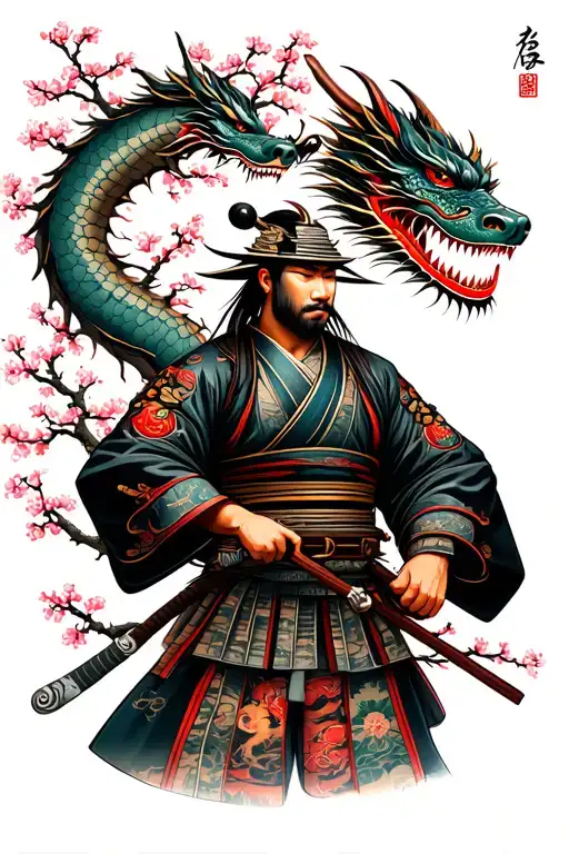 Japanese Samurai With Dragon And Cherry Blossom Tree
