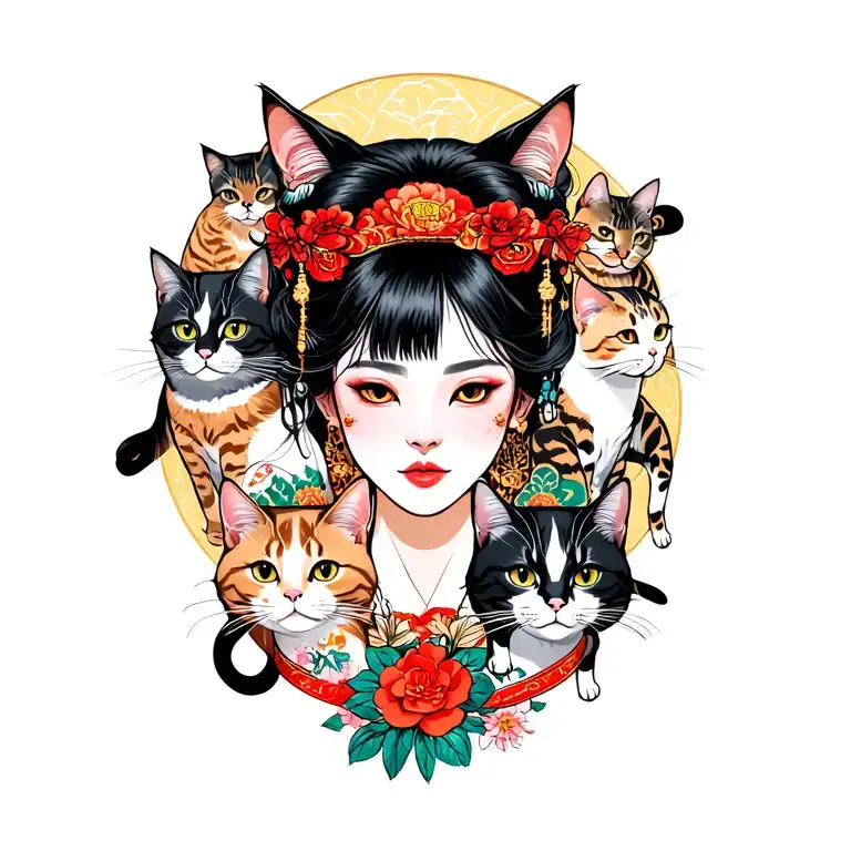 Woman Ruffian With Gang Of Cats