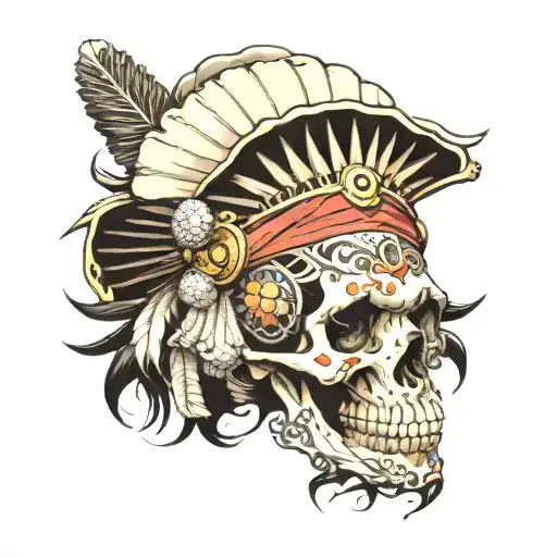 Skull With Headdress Tattoo Money Guns Drugs