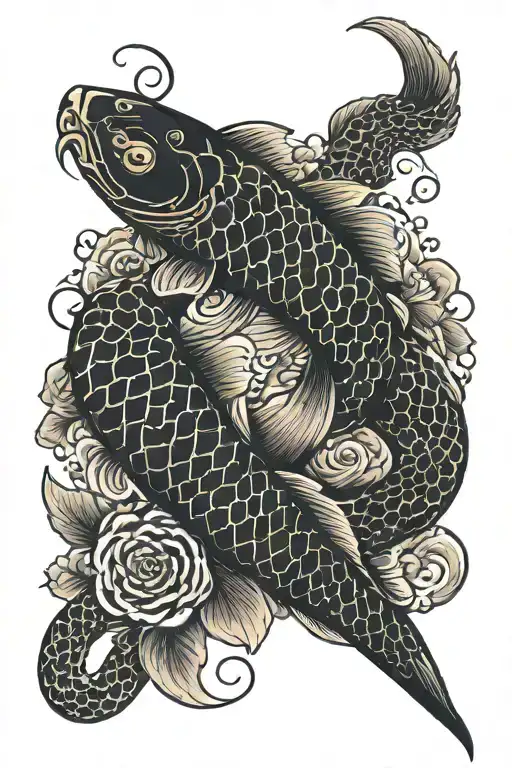 Koi Fish And Snake Coiled