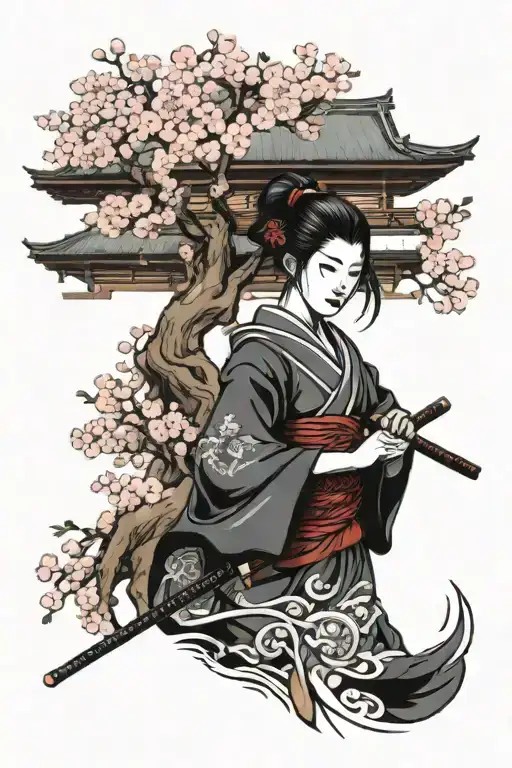 Girl Samurai And Cherry Blossom Tree