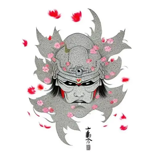 A Traditional Japanese Warrior Mask Surrounded By Graceful Cherry Blossom Petals