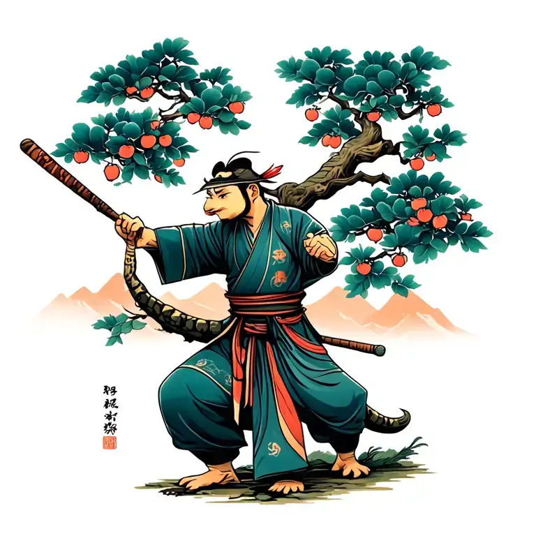 Tortoise Kind Kung Fu Master With Staff At Peach Tree Scene In Mountain Pass