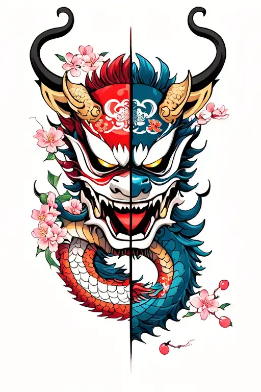 Oni Mask Split In Half With Dragon And Cherry Blossoms Sleeve