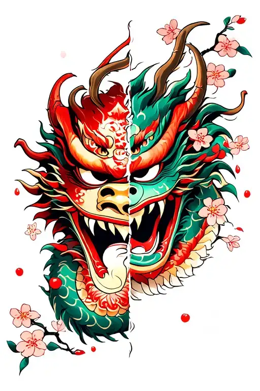 Oni Mask Split In Half With Dragon And Cherry Blossoms