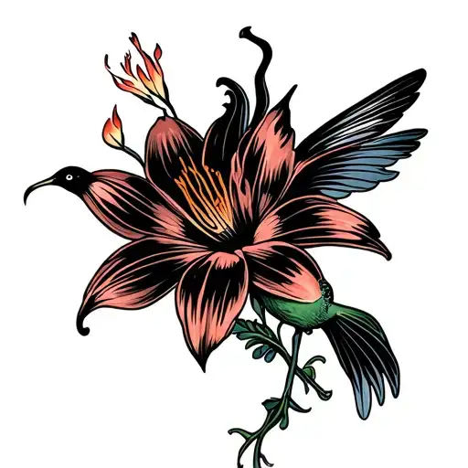 Fire Lilly Flower And Hummingbird