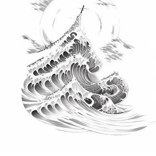 A Sketch Style Tattoo Of A Serene Beach Giant Waves