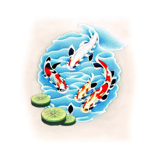 3 Koi Swimming In Between Waves And A Couple Lily Pads