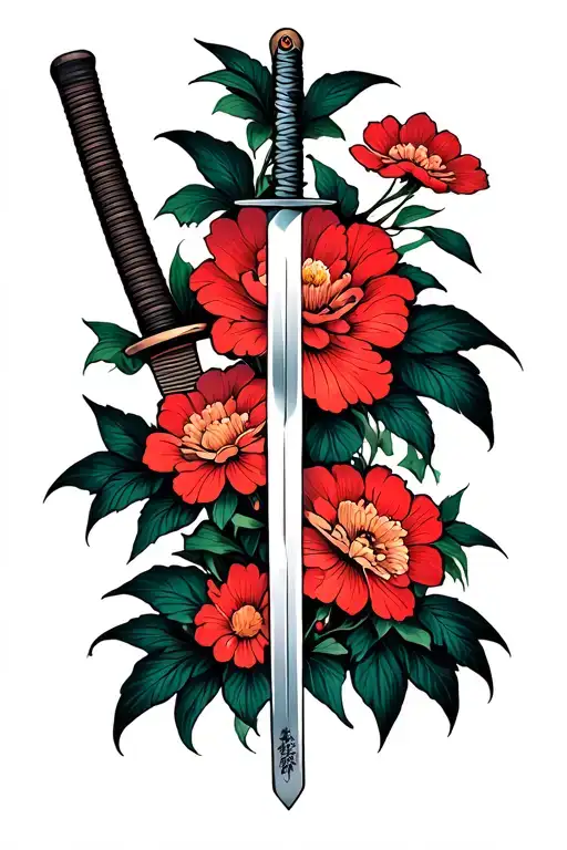 Japanese Flowers Sprouting From A Katana Sword