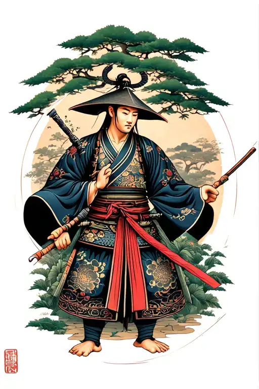 Japanese Warrior In Garden Scene