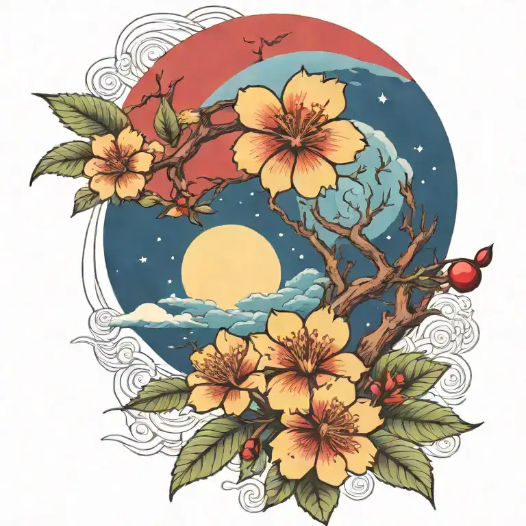 Cherry Branch And Tree Of Life Sun And Moon Flowers Red Ancient Egypt