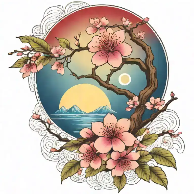 Cherry Blossom Branch And Tree Of Life Sun And Moon Flowers Red Ancient Egypt