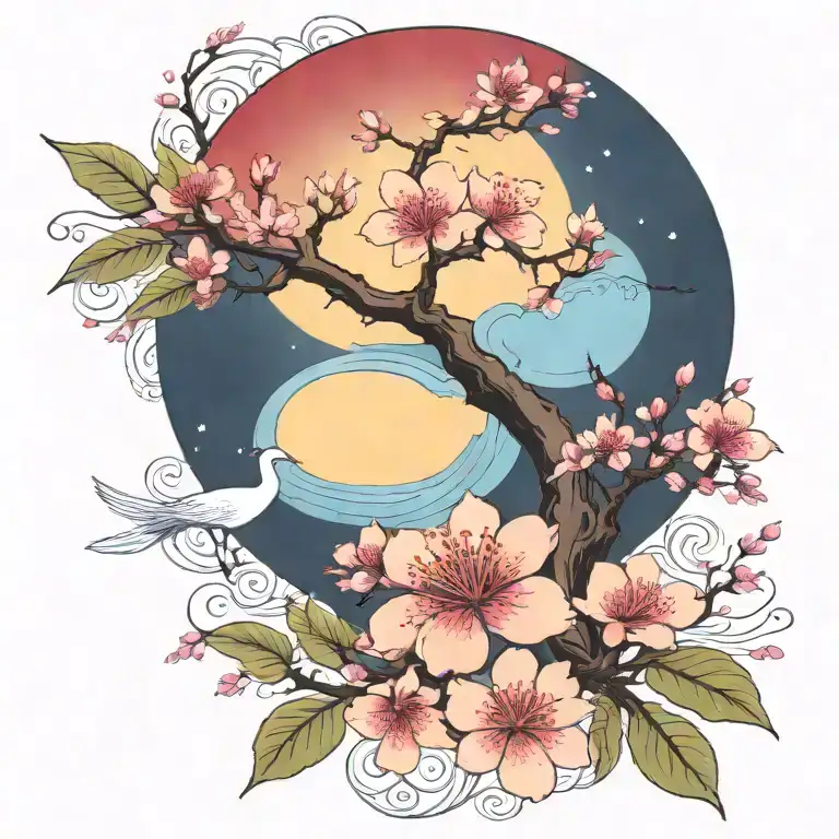Cherry Blossom Branch And Tree Of Life Sun And Moon Flowers Red Ancient Egypt