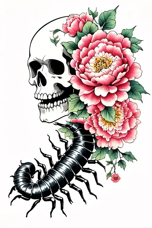 Skull And Centipede Peonies Traditional