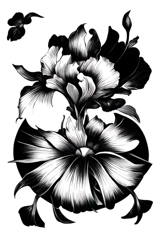 Black And White Tatoo Representing An Irises Japanese Fan