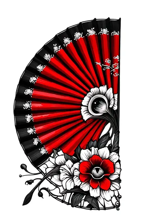 Black And White Tatoo Representing Japanese Fan With Irises On It