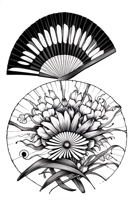 Black And White Tatoo Representing Japanese Fan With Irises