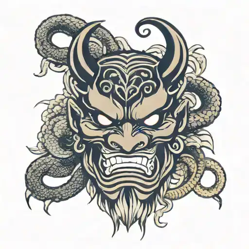 Japanese Oni Demon Mask With Snake Intertwined