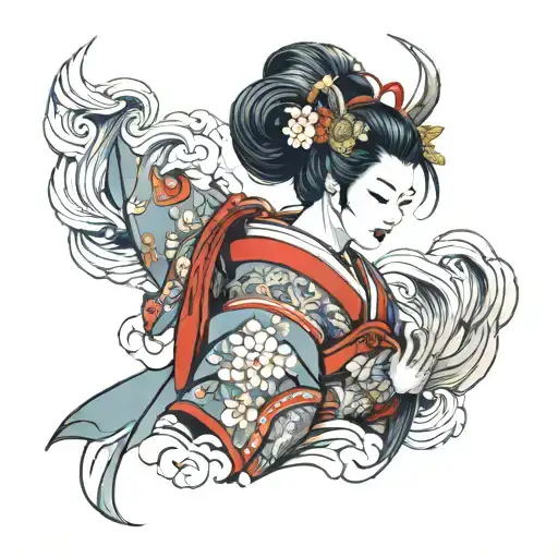 A Traditional Japanese Geisha Transformed Into A Fantasy Warrior With Magical Powers And Armor
