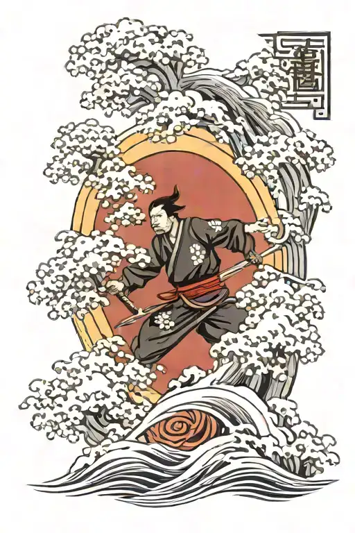 Wind And Wave Japanese Tattoo With Samurai And Flowers