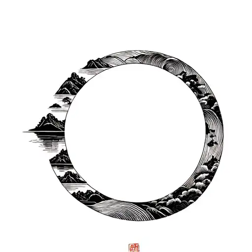 Vintage Asian Mountains River Winding