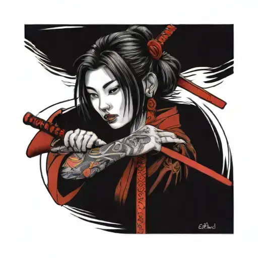 Red Accent Japanese Woman Samurai Katana Forearm