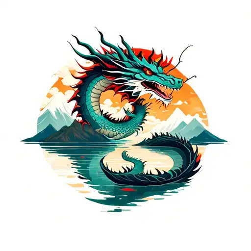 A Male Age And A Female Old Dragon Interlock Over A Lake In The Background Mountains