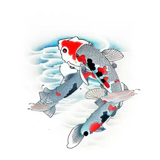 3 Koi Swimming In Between Waves And A Couple Lily Pads