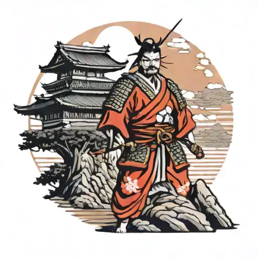 Samurai Warior Standing Proudly Atop A Japanese Castle Red Sun In The Backround