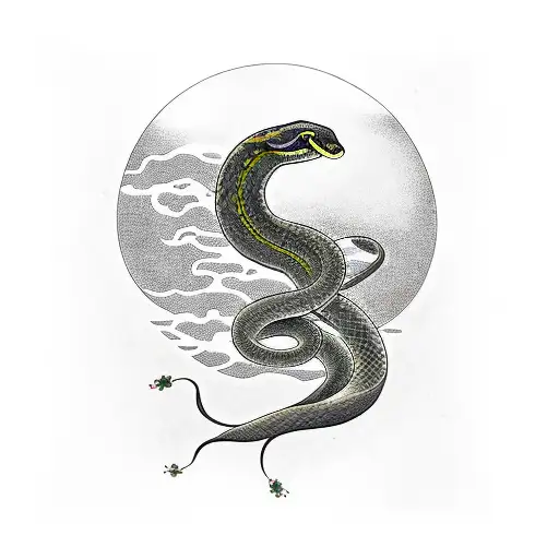 Snake With Flowers And A Moon As A Back