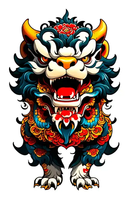 Foo Dog Traditional Tattoo Design Featuring