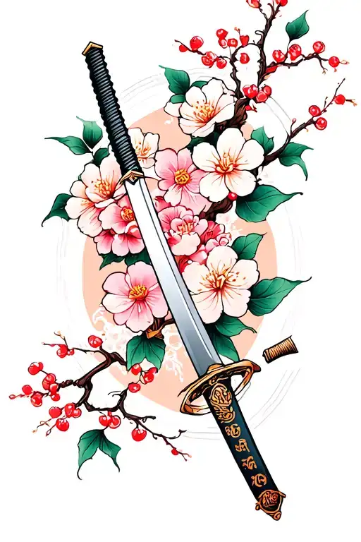 An Ankle Tattoo With Cherry Blossoms And A Katana Sword