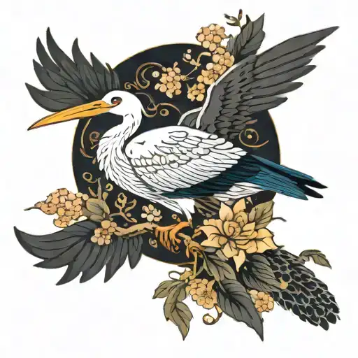 Stork With Raised Wing In Flowers