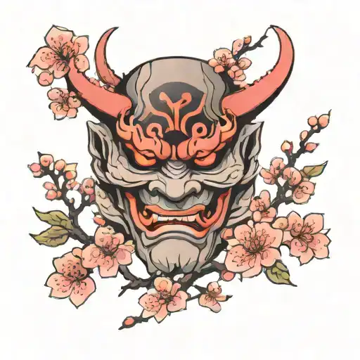 Oni Mask Surrounded By Sakura Blossom With Hint Of Red And Pink Black And Grey