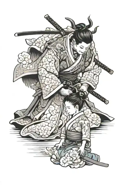 Samurai Bowing To A Small Girl