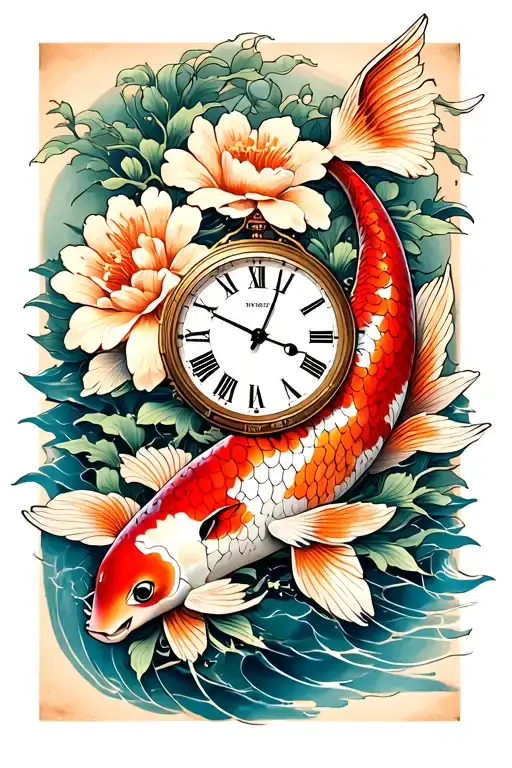 Koi Flowers And Clock Face