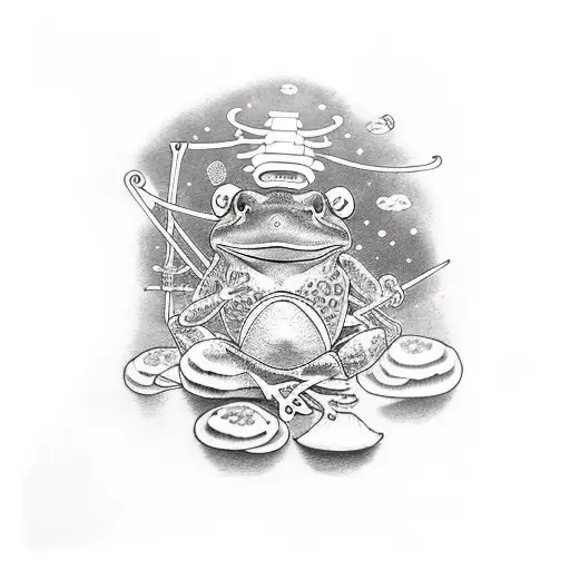 Frog Samurai Sitting On Mushrooms Looking In The Cosmos