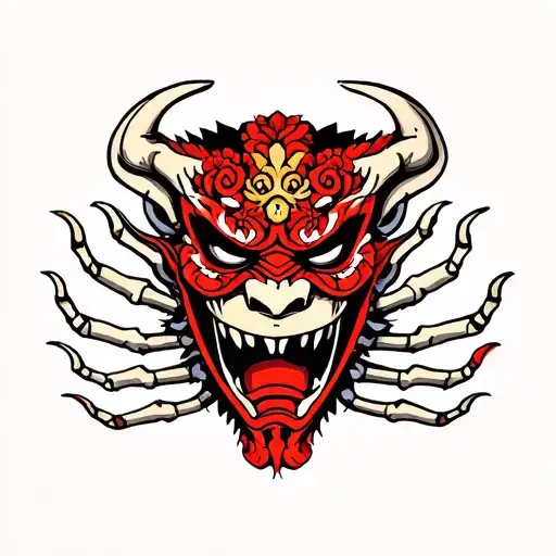 Oni Demon Mask Hand Tat With Skeleton Fingers