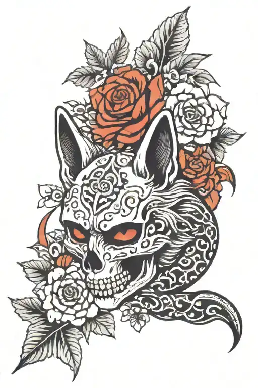 Kitsune And Licoris Flower With Skuls On The Background