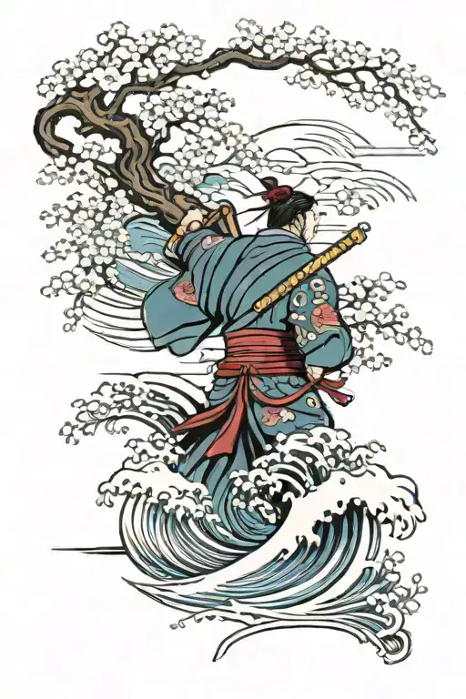 Waves And Wind With Cherry Blossoms And A Samurai Standing