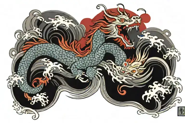 Japanese Dragon Wrapped With Koi Fish Swimming In Waves And The Red Sun