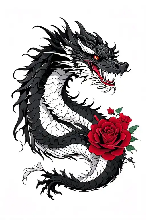 Black And White Dragon With Dark Red Roses