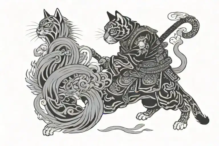 Irezumi Black Grey Tattoo Whit Samurai Cat