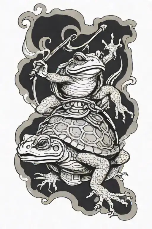 Black And Grey Tattoo Of A Fighting Frog Riding A Turtle That Will Go On An Inner Arm