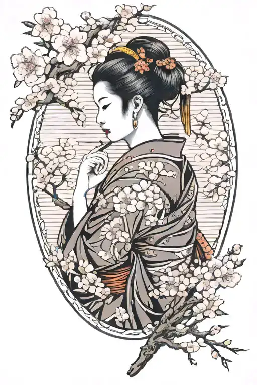 Geisha And Cherry Blossom Tree