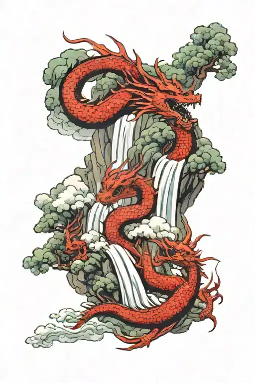 Red Dragon In A Forest With A Waterfall Flowing And Clouds Half Sleeve