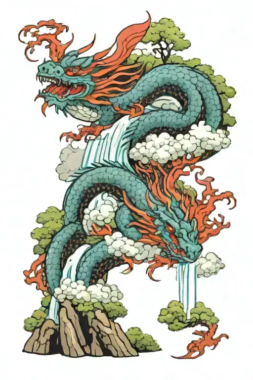 Red Dragon In The Forest With Clouds And With A Waterfall