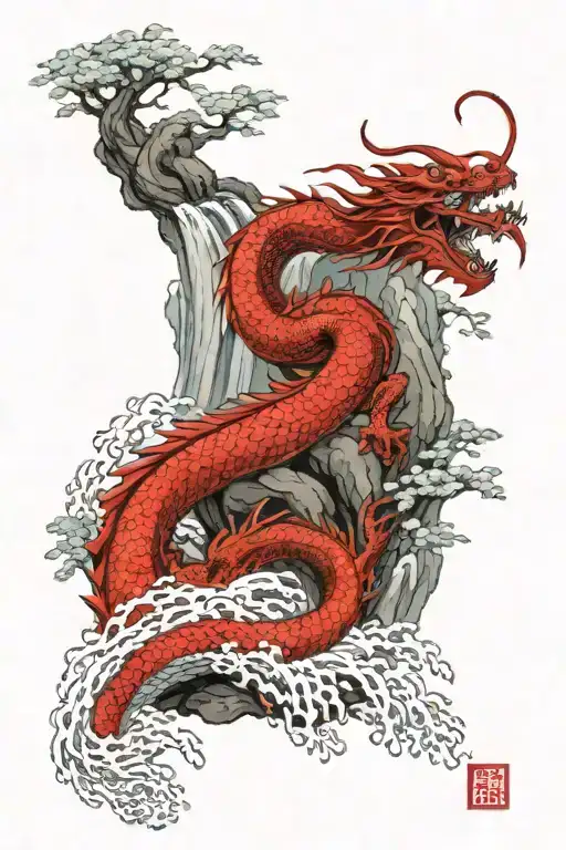 Red Dragon In The Forest With A Waterfall Cascading